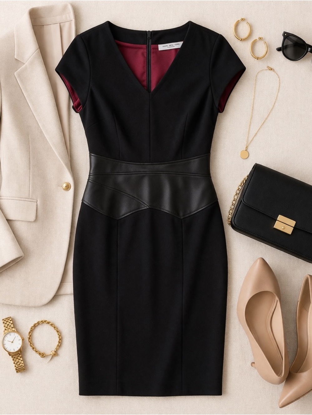 Marc New York Andrew Marc Black Sheath Dress V-Neck Leather Trim Red Lining 8